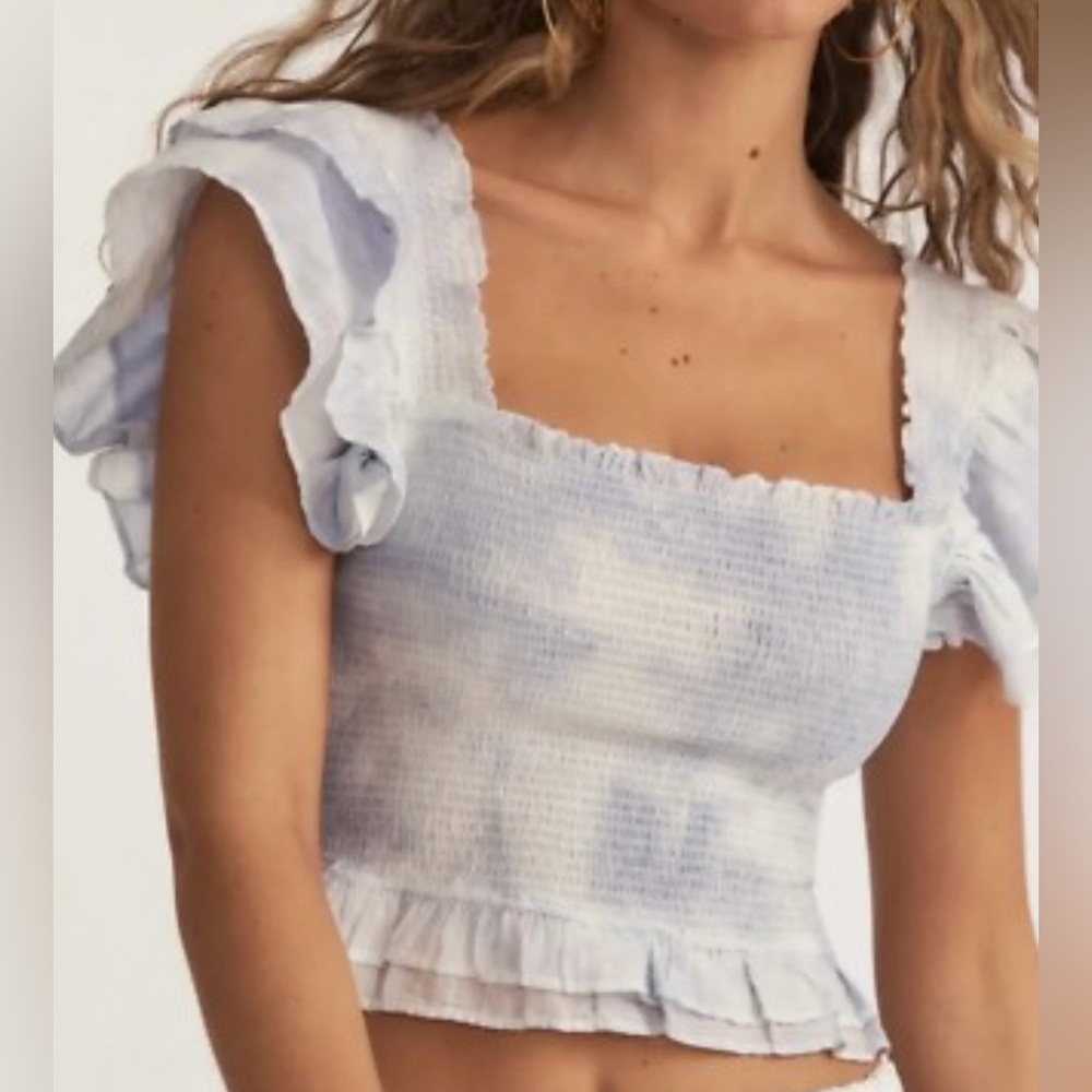 LoveShackFancy Light Blue Tie-Dye Smocked Ruffle Crop Top